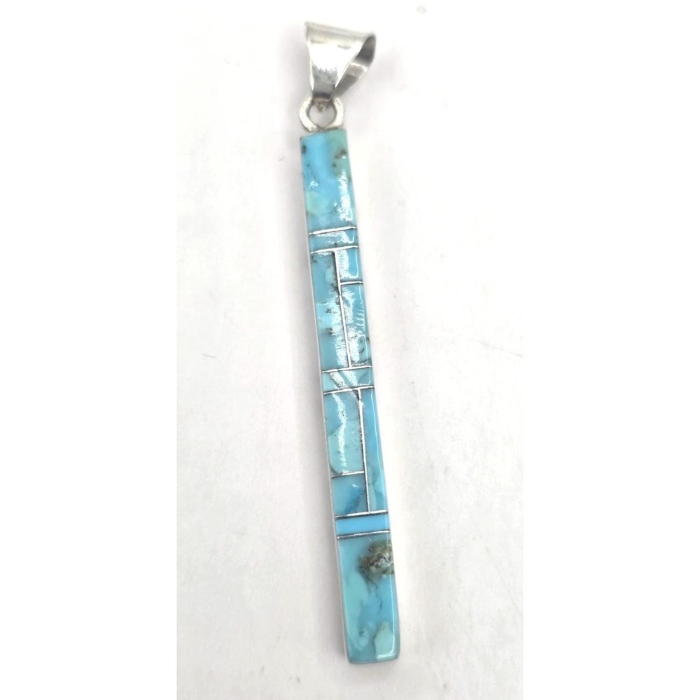 Turquoise White Buffalo Sterling Silver Inlay Bar Pendant Reversible 2" Signed